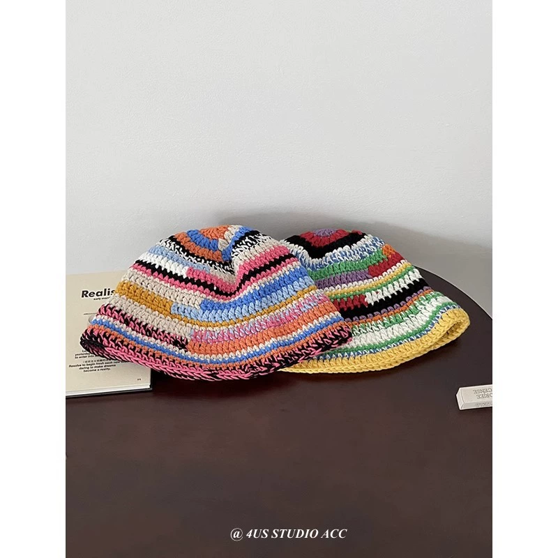 Японский нишевый ретро цветной handmade полосатый вязаный рыбацкий берет женский осень-зима свободный открывающий лицо маленькая шерстяная шапочка тренд