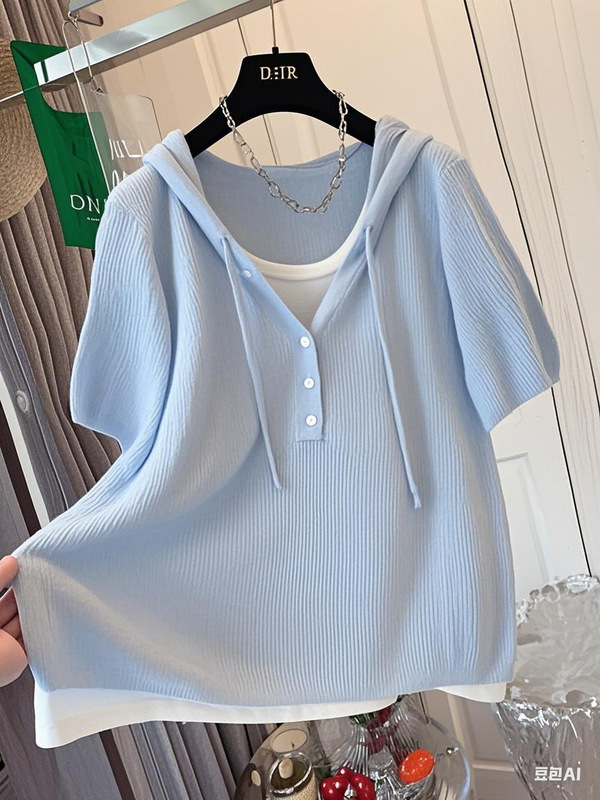 [スリムデザイン] 偽ツーピースフード付きアイスシルクニット半袖Tシャツ、女性用、夏用、薄手、ユニークでシック、スリム|undefined