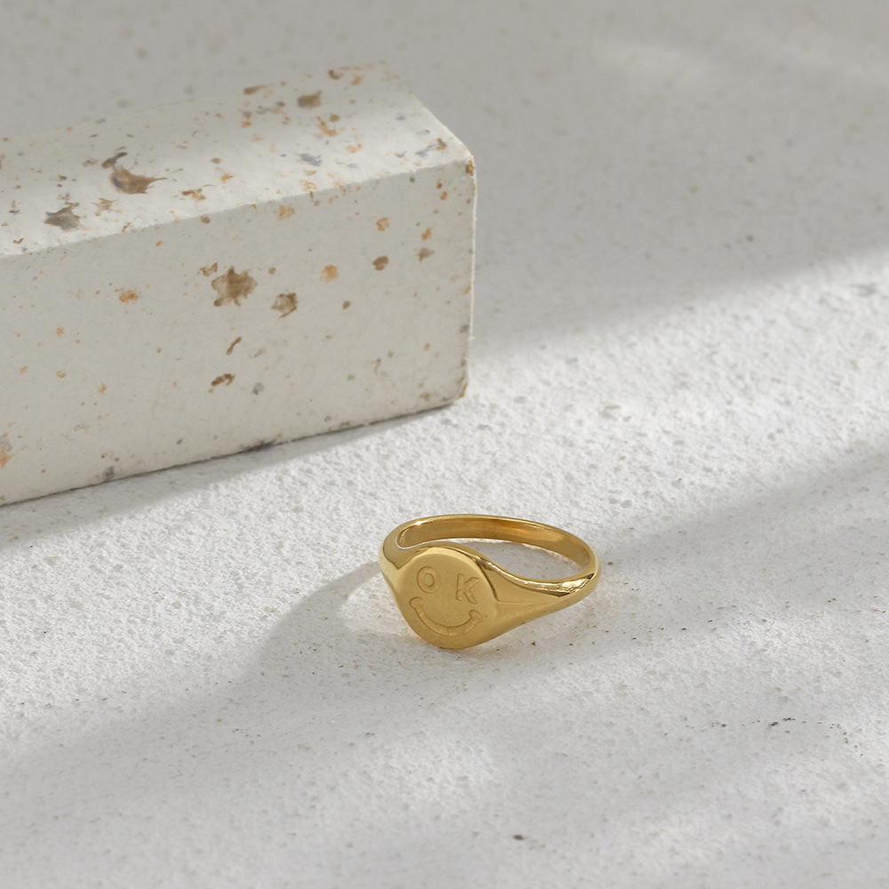 Fashion OK Smiley Facial Expression Gold round Cute Stainless Steel Ring