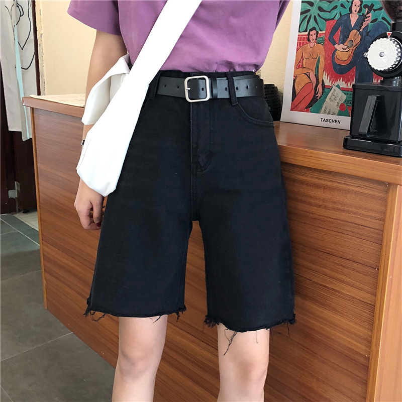 Black Denim Shorts Women's Hong Kong Style Straight Five-point Pants Summer 2024 New Hot Pants High Waist Slimming Riding Pants