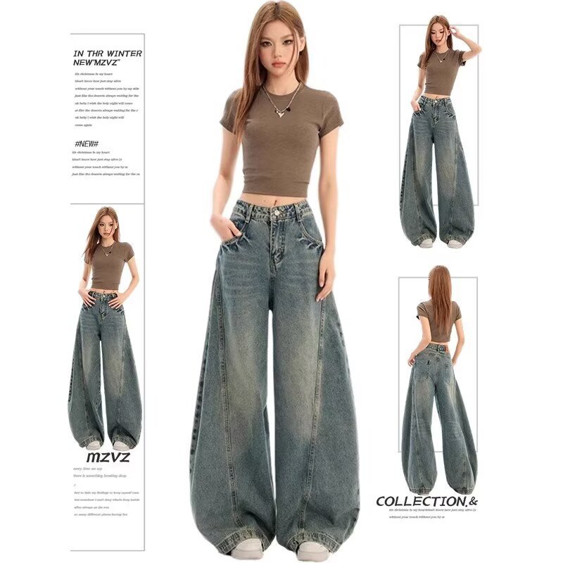Vintage Scimitar Wide-Leg Jeans for Women 2025 Autumn Washed Distressed American Style Loose Petite Scythe Pants for Women