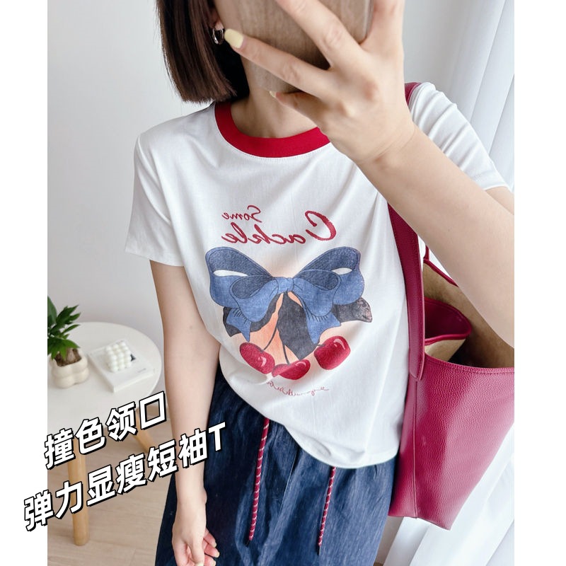 时尚先生~ 百搭韩版撞色领口复古印花弹力显瘦短袖T恤女款夏季f