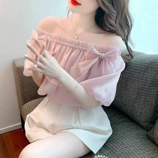 2026新款衬衫粉色一字肩上衣女夏季清新甜美超仙感亮纱小衫粉红色
