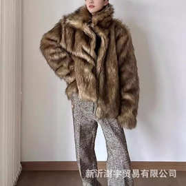 2024欧美风皮草男士外套加厚保暖狼毛外套仿毛外套朋克风短款加大