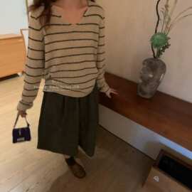 peanut花生家秋季韩系松弛感撞色条纹宽松显瘦V领长袖针织衫11883