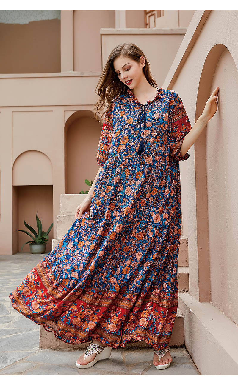 Langes Blumenkleid Für Damen Orientalischer Stil Baumwollseide_voghion.com