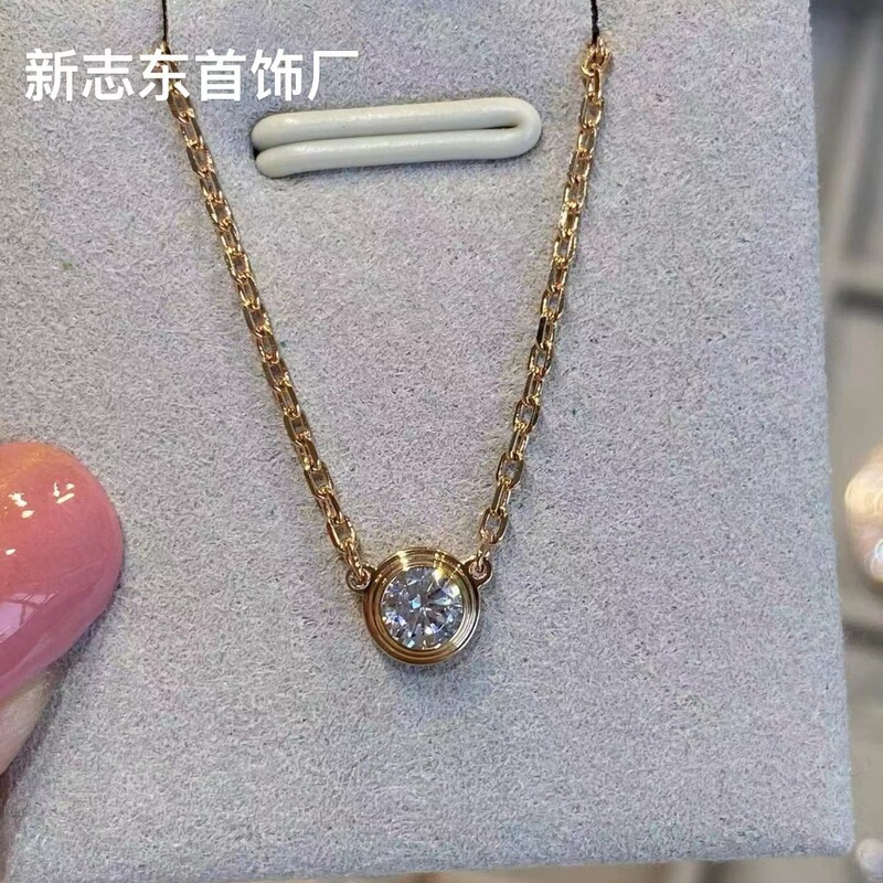Carjia classic single diamond necklace thick 18K gold plated one diamond UFO necklace High version bubble clavicle chain for women