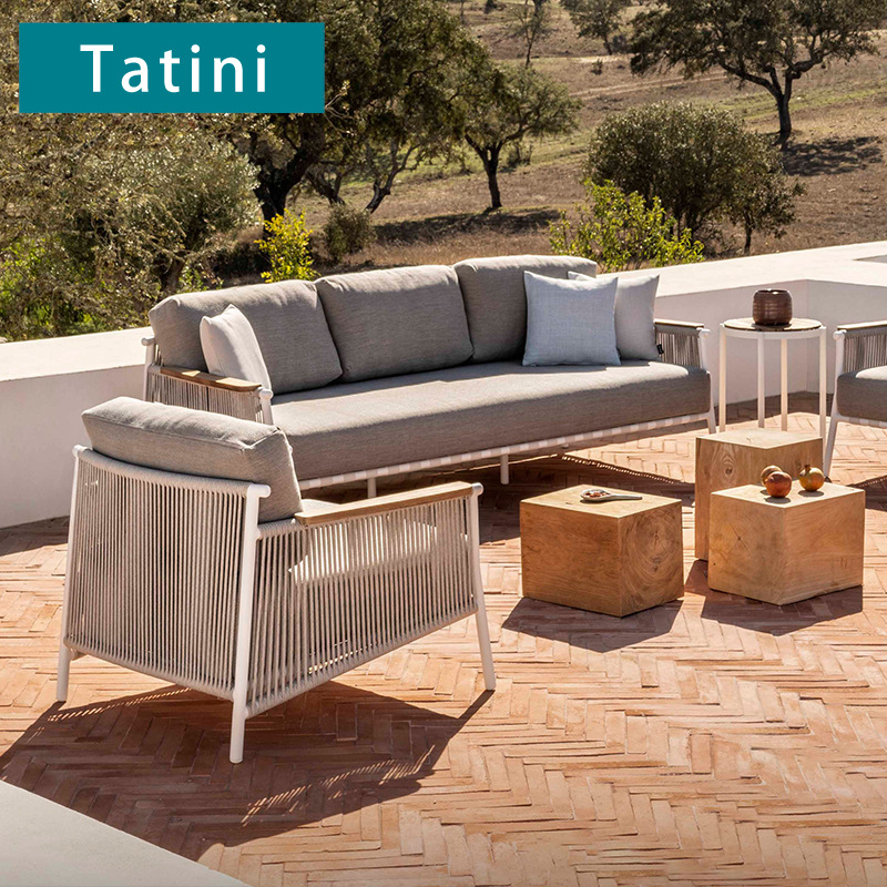 Sofá de exterior para patio, jardín, ocio, silla de ratán, muebles para villa, impermeable, con protección solar, juego de sofás de ratán y teca. image 2
