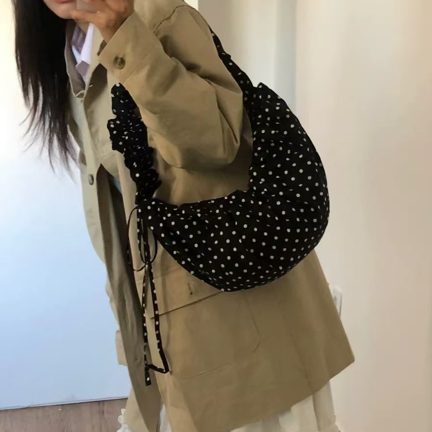 Vintage Polo Dot South Korea Ins Niche Cute Lace-up Pleated Shoulder Crescent Saddle Bag All-match Crossbody Handbag