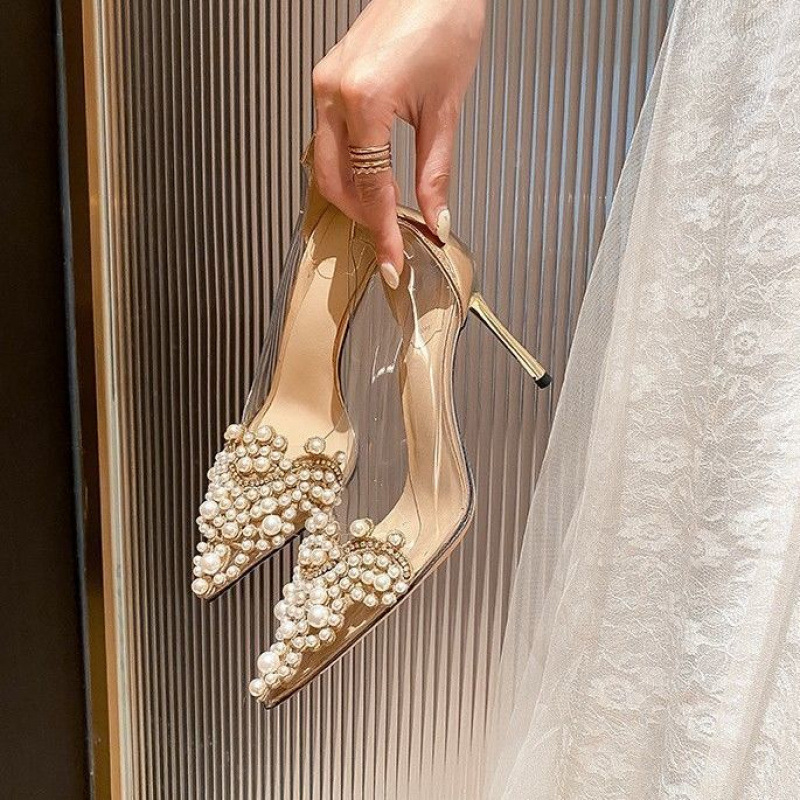 Design Niche Transparent High Heels Women's Stiletto Heels 2024 Summer New Champagne Color French Shoes Dress Shoes