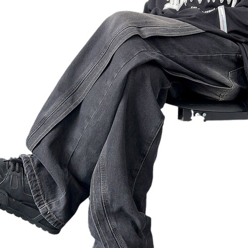 Vintage Black Gradient Denim Jeans for Men - Spring and Autumn Streetwear, Washed and Distressed, Loose Straight Leg Pants, Niche Pants