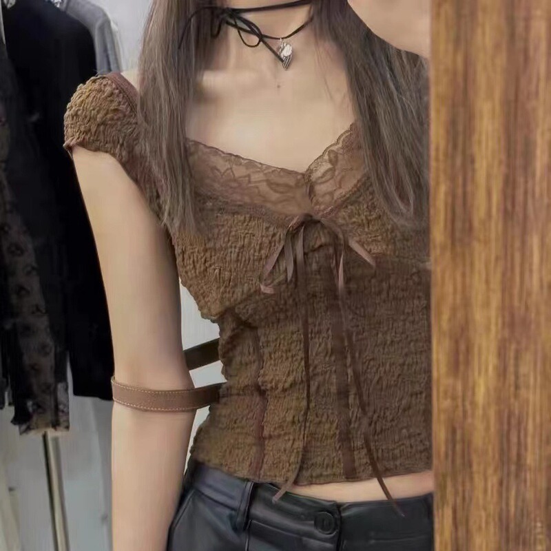 BM Style American Style Retro Brown Lace Vest Women's Bm Hot Girl Low Collar Bow Lace Short-sleeved T-shirt Top Trendy
