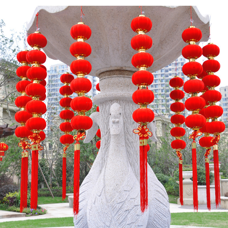 大红连串灯笼挂饰春节新年场景布置植绒小灯笼串批发商场装饰用品