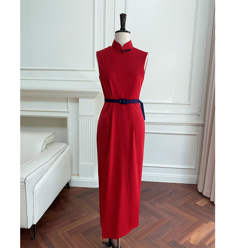 Cheongsam Stand Collar Slim Fit Romantic Retro Ribbon Contrasting Color Plate Button Straight Long Elegant and Handsome Dress 67532