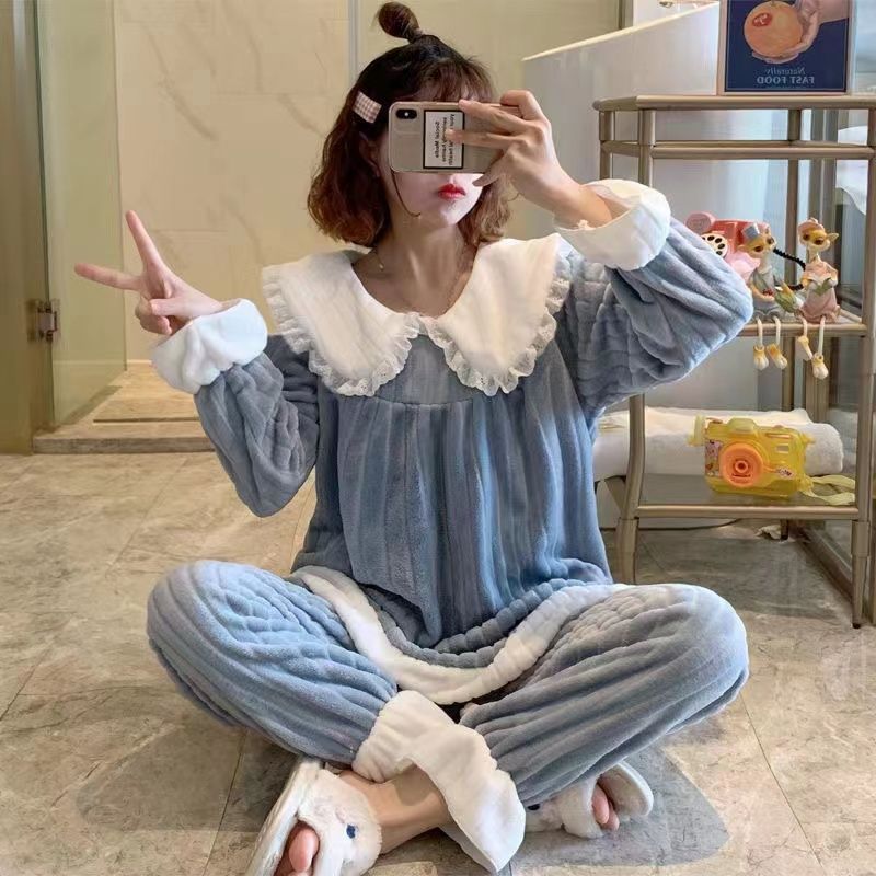 Pijamas de coral al por mayor transfronterizos mujeres otoño y invierno estilo coreano dulce lindos princesas ropa de casa franela engrosado conjunto