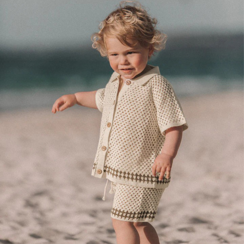 2025 Summer Baby Lace-Trimmed Collar Knit Crochet Cardigan Top + Shorts Set Baby Sweater Separate Boy