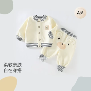 休闲风春秋冬童装运动宝宝套装卡通条纹立领儿童服装