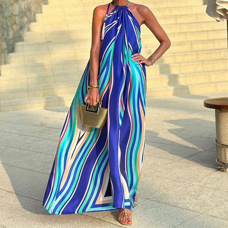 FD1667 Cross-Border Exclusive Fashion Halter Neck Printed Bohemian Mid-Length Vacation Women's Beach Dress_ecoleips.com