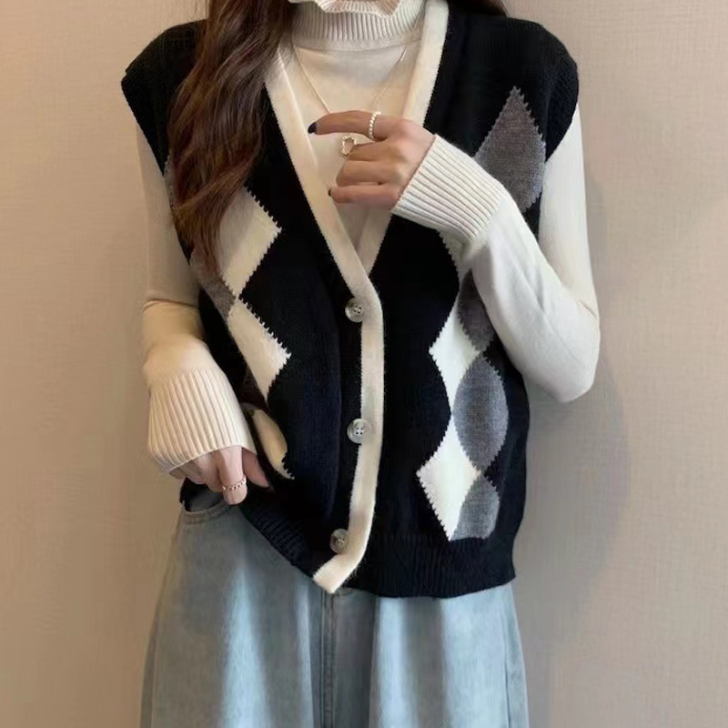 Autumn New loose slimming rhombus vest Korean style versatile fashion sweater trendy outerwear sweater