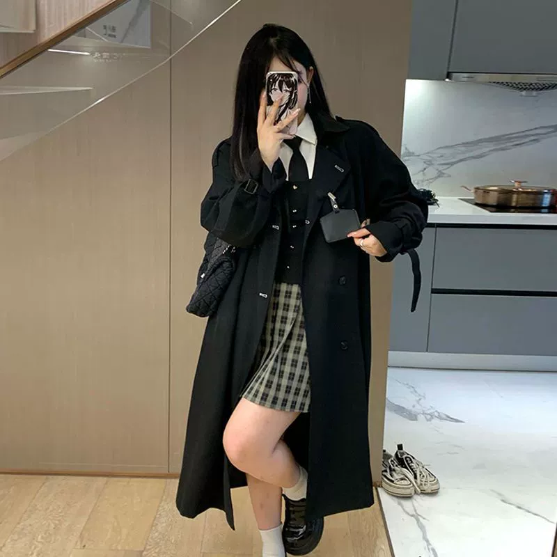 Черное trench coat, осеннее маленькое пальто для студентов, корейский стиль, западный стиль, для подростков