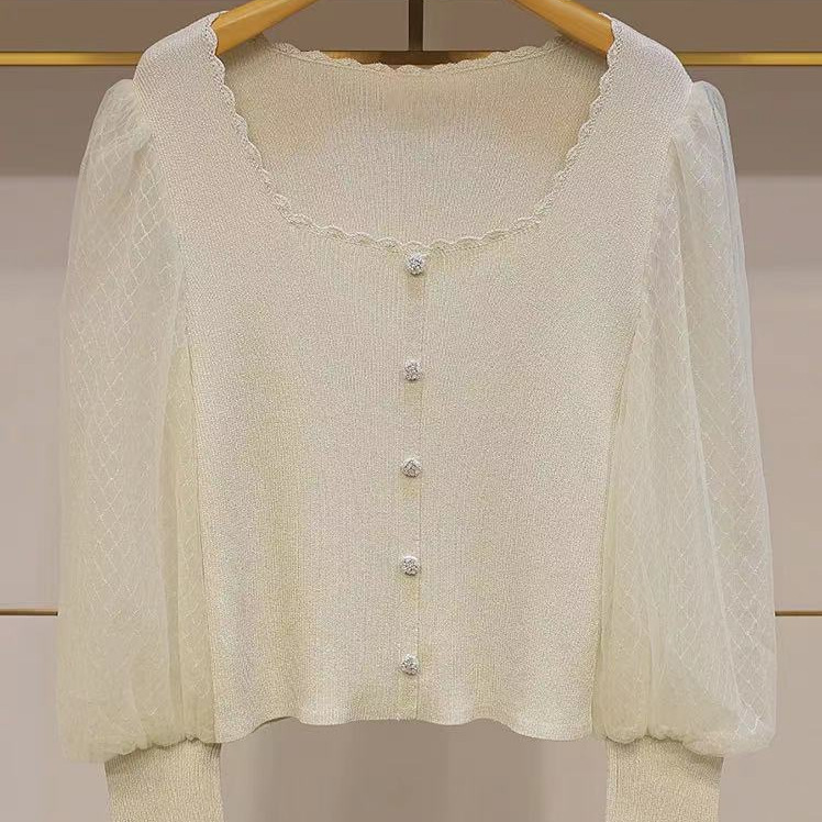 Zhuoya Dancer Temperament Lady Style Square Neck Lace Lantern Sleeve Slim Knitted Sweater Top Women 12001 Zhuoya Dancer Temperament Lady Style Square Neck Lace Lantern Sleeve Slim Knitted Sweater Top Women 12001