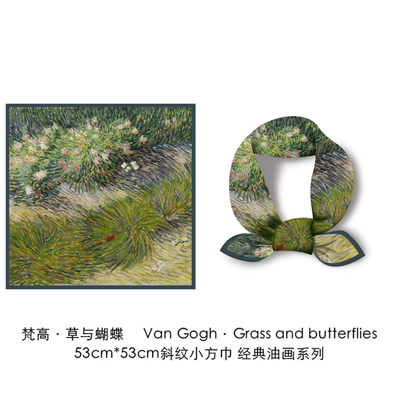 Van Gogh arte pintura al óleo serie pequeña bufanda cuadrada de las mujeres nuevo todo-Partido bolsa de corbata de sarga artificial de seda pequeña bufanda cuadrada bufanda