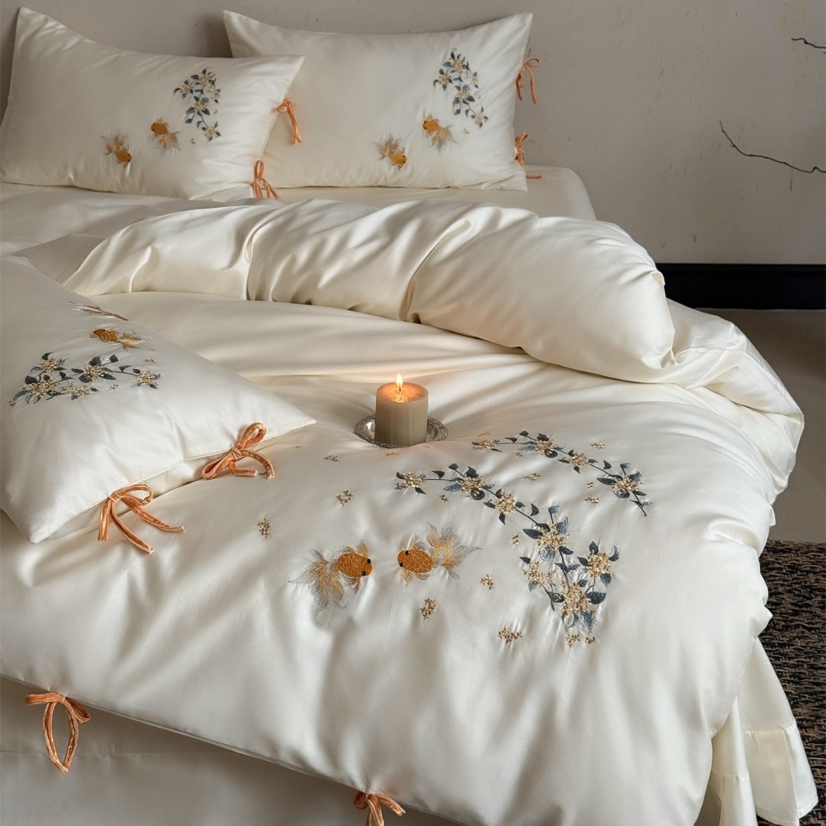 Fashionable Modern Style Golden Osmanthus Koi Embroidery Super Soft Skin-Friendly Bedding Bedding Pure Cotton Long-Staple Cotton Four-Piece Home Textile Set