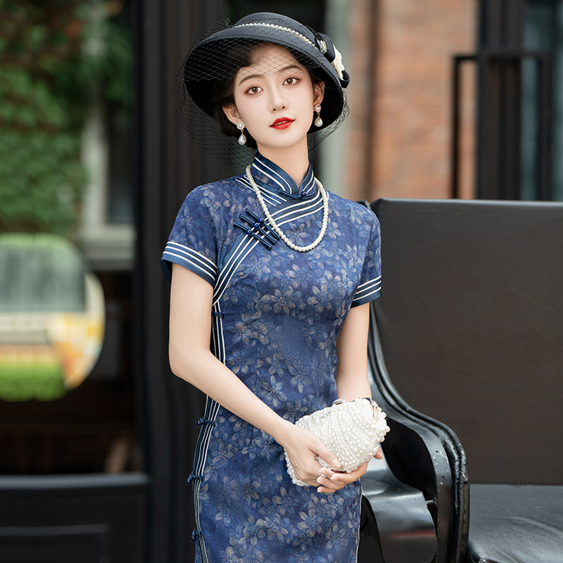 藍色中式八扣雙層長款改良旗袍2025新款女民國風復古走秀款媽媽裝