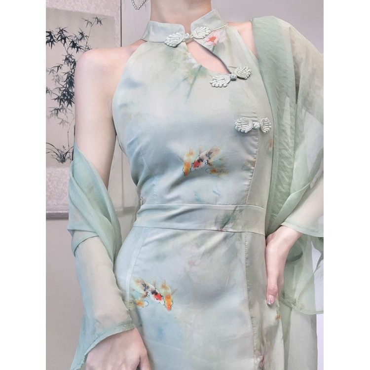 2023 Summer New Chinese Style Elegant Zen-inspired Halter Neck Slim Fit Green Modified Cheongsam Dress