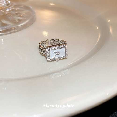 Real gold electroplated zircon square clock chain open ring fashionable and versatile index finger ring personalized hand jewelry for women