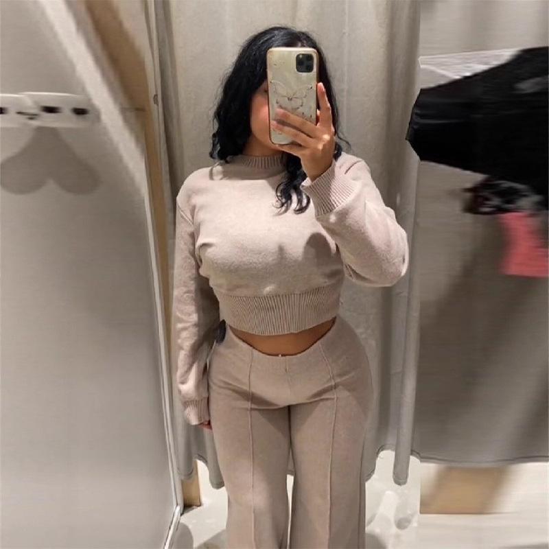 2025 New Autumn and Winter Comfortable Pure Color Short Round Neck Threaded Knitted Sweater High Waist Stitching Pants Suit for Women