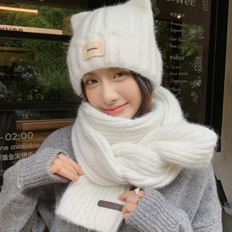 韩版冬天可爱小猫耳帽子女款百搭纯色针织毛线帽加绒保暖围巾套装