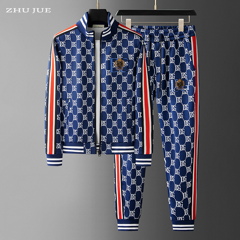 Estación europea de los hombres de otoño e invierno Nuevo traje de jacquard suéter de los hombres marca de moda llena de flores pantalones largos casuales traje de dos piezas de los hombres