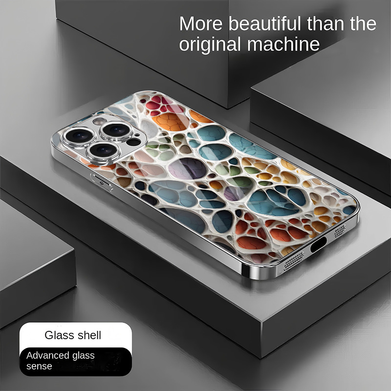 Suitable for Apple 15 Mobile Phone Case Iphone16Promax Electroplated Tempered Glass All-Inclusive Lens Colorful Pebbles