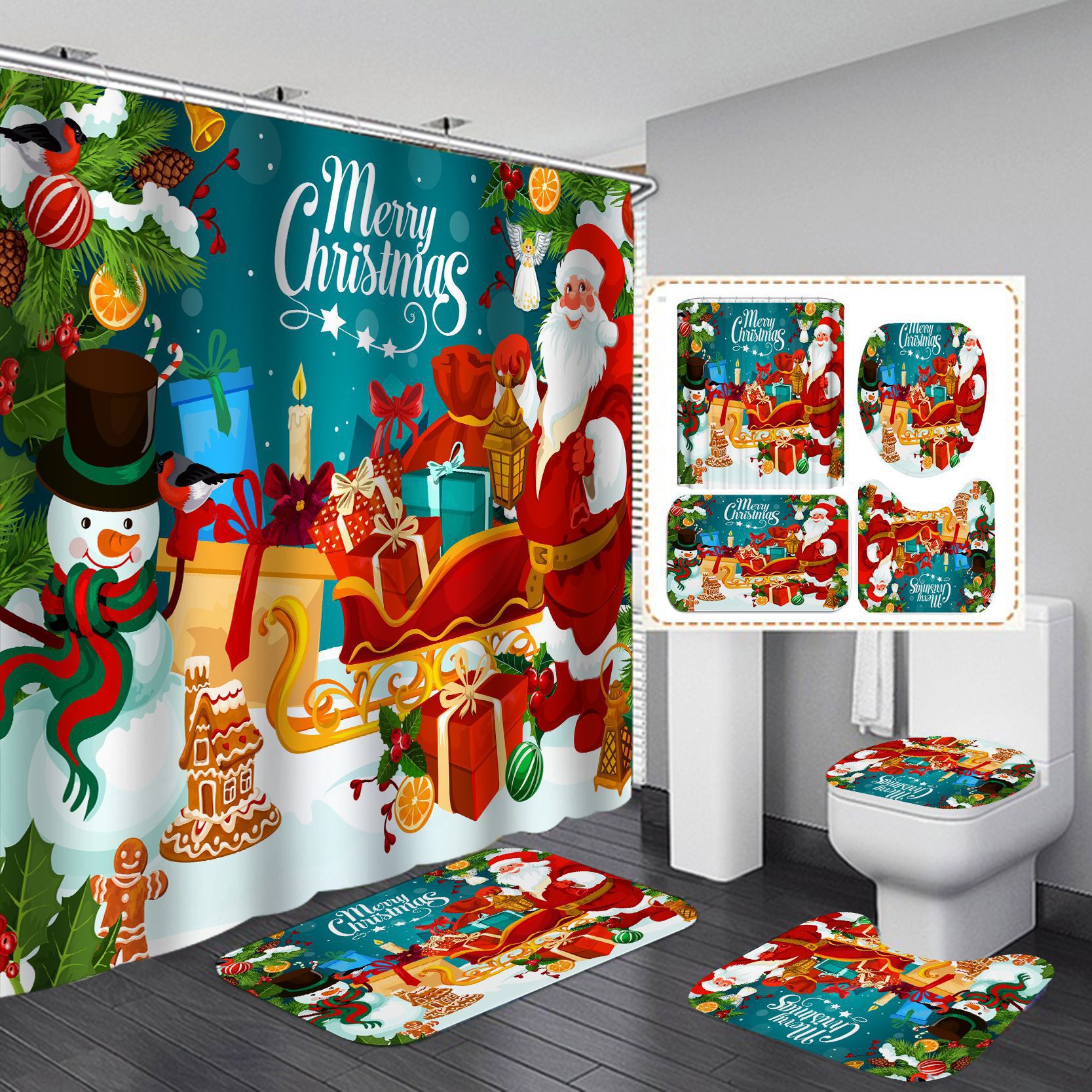 Cortina de ducha de poliéster impermeable con estampado navideño rojo, cortina de ducha creativa con diseño digital 3D, estilo americano y europeo, suministro directo transfronterizo del fabricante