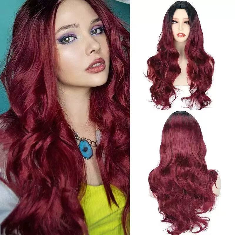 European and American Burgundy Wig for Women with Medium Parted Long Curly Hair Chemical Fiber High Temperature Silk Headgear Cross-Border Spot Wholesale Delivery