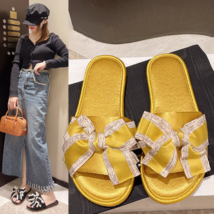 New Lace Bow Satin Slippers Korean-style Home Finger-free Slippers Flat Home Sandals