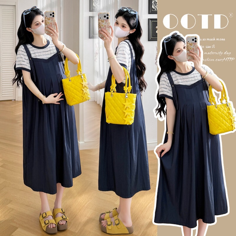 2026 Summer Maternity Wear Fashionable Patchwork Fake Two-Piece Short-Sleeved Dress New Korean Style Lazy Simple Maternity Dress