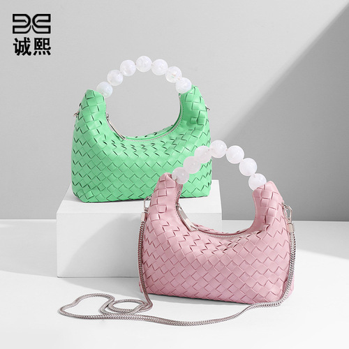 Women's niche, high-end, stylish, minimalist, and adorable handcrafted woven shoulder/crossbody bag—featuring a pearl-inspired cream puffs design.