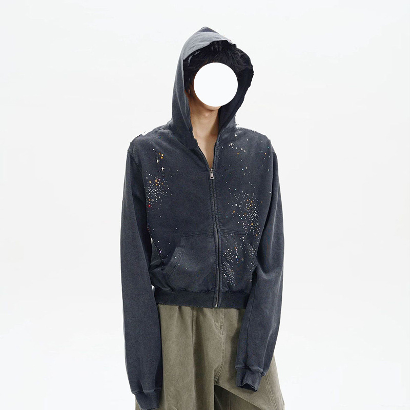 Gypsophila Hot Diamond Washed Distressed Hooded Sweatshirt for Men and Women in Autumn and Winter Design Loose Slimming Look Zipper Cardigan Jacket