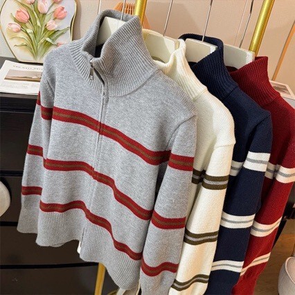 Contrast Color Stripesd Polo Half Turtleneck Sweater for Women Autumn and Winter Korean Style Lazy Double Zipper Knitted Cardigan Jacket Wholesale