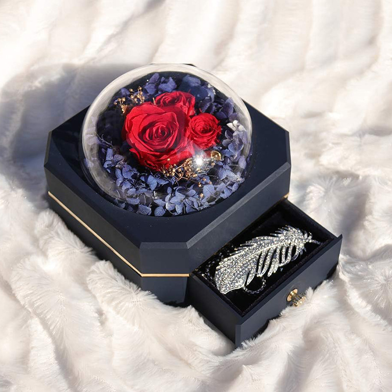 情人节永生花盒戒指吊坠玻璃罩珠宝八角单层抽屉首饰盒ins风礼盒