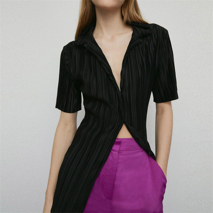 Summer Short Sleeve Loose Pleated Straight Leg Pants Two-Piece Set Sexy Complex Set Collar Sexy Set