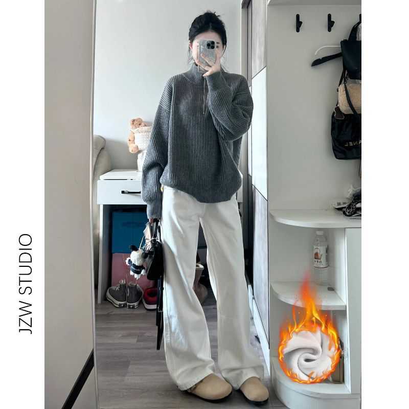 美式白色加绒阔腿牛仔裤女秋冬新款高腰显瘦垂感拖地休闲直筒长裤