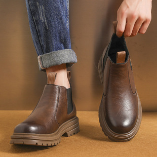 Chelsea Boots Men's Smoke Tube British Style High-top Leather Men's Boots Autumn and Winter fleece-lined Warm Martin Boots Men's One-piece Hair