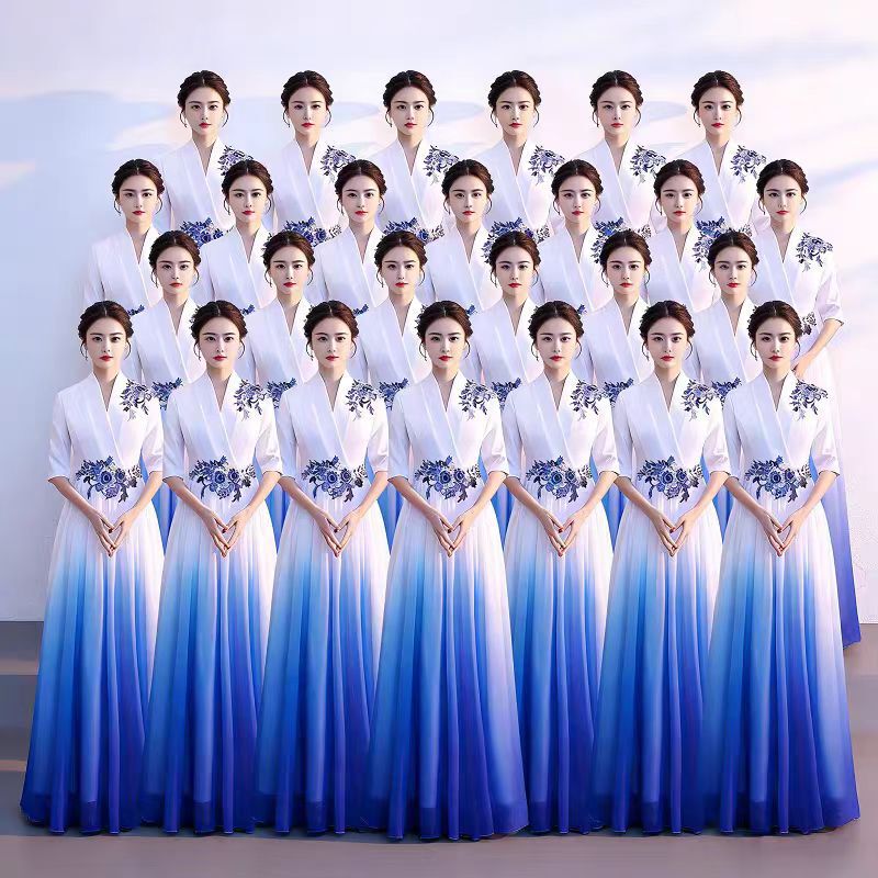 New Adult Chorus Performance Clothing, Women's Long Dress, White Gradient Blue Dress, Poetry Recitation Performance Clothing, Host Clothing New Adult Chorus Performance Clothing, Women's Long Dress, White Gradient Blue Dress, Poetry Recitation Performance Clothing, Host Clothing