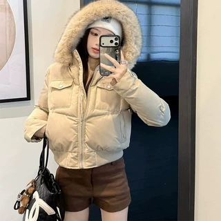 冬季新款可拆卸毛领连帽短夹克聚酯棉服女英伦风防寒保暖棉衣外套