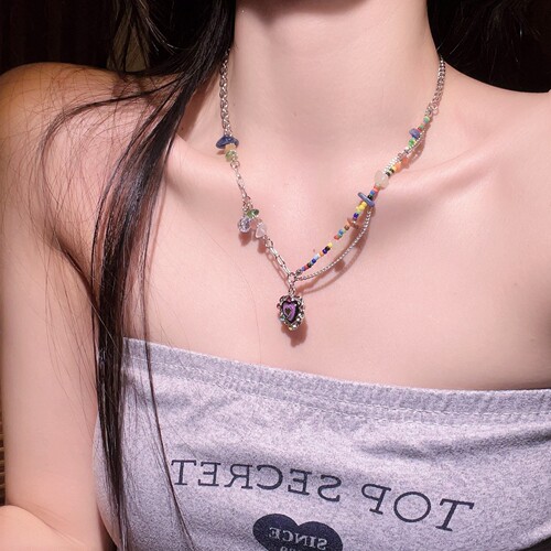 y2k Millennial style sweet and cool hot girl colorful beaded love cloud gravel necklace female niche design clavicle chain