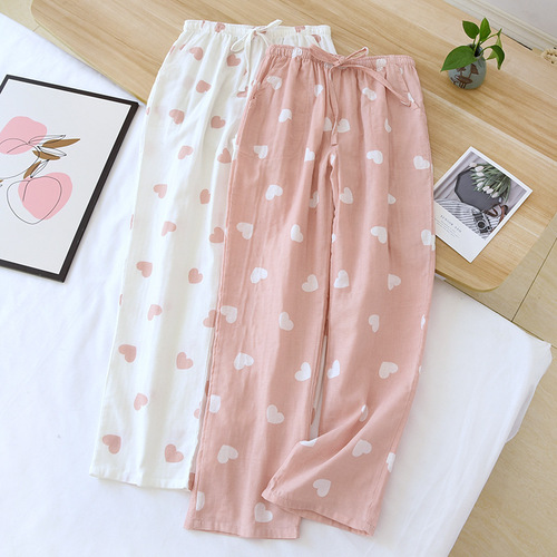 Women's Seasonal Thin Cotton Double Gauze Pajama Pants with Side Pockets, Wearable Outside, Home Pants, Thin Air Conditioning Pants