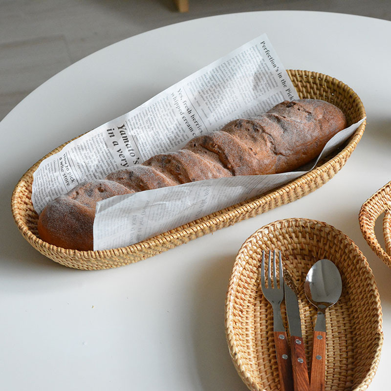 Scandinavian Rattan Basket Wooden Woven Basket Fruit Plate Bread Snacks Sundries Steamed Buns Dining Table Coffee Table Desktop Storage Basket